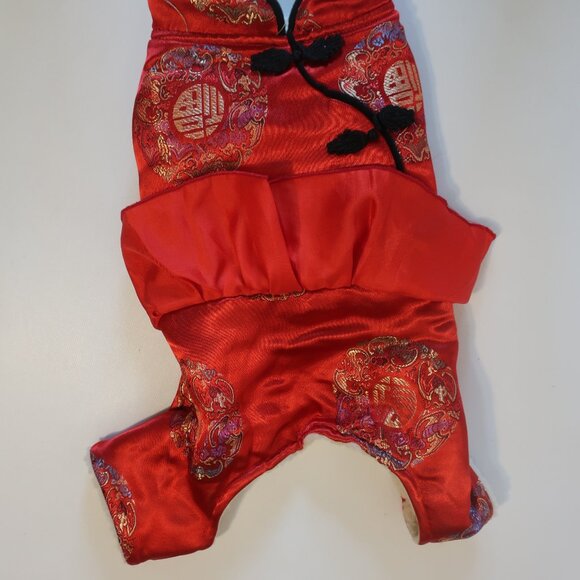 Pets Dog Costume Sherpa Lined Red Satin Floral Asian Brocade Jacket L - Picture 2 of 9